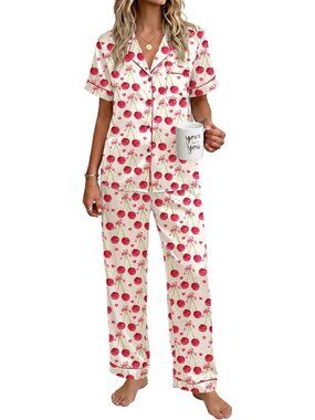 Women's Beige Polyester Short Sleeve Button Down Loungewear Satin Pajama Set